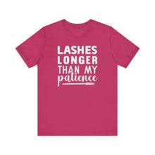 Load image into Gallery viewer, Lashes Longer Than My Patience Sarcastic Quote Tee Shirt For Makeup Lovers