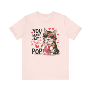 You Make My Heart Pop - Cute Cat Eating Popcorn Short Sleeve T-Shirt Purrfect For Cat Lovers