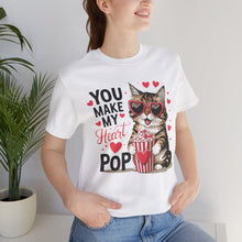 Load image into Gallery viewer, You Make My Heart Pop - Cute Cat Eating Popcorn Short Sleeve T-Shirt Purrfect For Cat Lovers