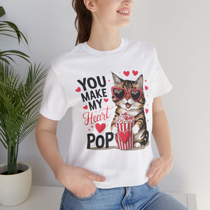 You Make My Heart Pop - Cute Cat Eating Popcorn Short Sleeve T-Shirt Purrfect For Cat Lovers