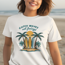 Load image into Gallery viewer, Catch Waves Not Feelings Tropical Surf Short Sleeve Tee Shirt