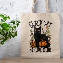 Load image into Gallery viewer, Black Cat Social Club Halloween Canvas Tote Bag