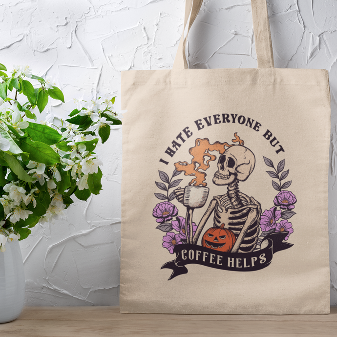 Coffee Helps Halloween Skeleton And Purple Flowers Quote Canvas Tote Bag