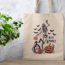 Load image into Gallery viewer, Stay Spooky Dancing Skeleton Halloween Quote Canvas Tote Bag