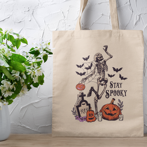 Stay Spooky Dancing Skeleton Halloween Quote Canvas Tote Bag