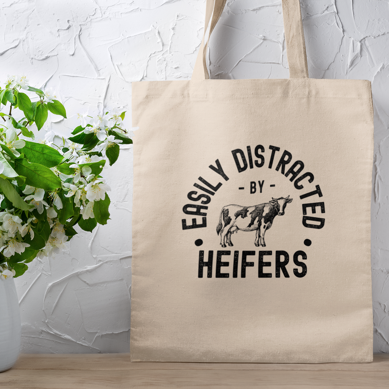 Vintage Distracted By Heifer Quote Canvas Tote Bag