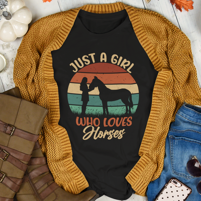 Just A Girl Who Loves Horses Retro Sunset Tee Shirt