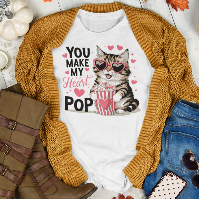 You Make My Heart Pop - Cute Cat Eating Popcorn Short Sleeve T-Shirt Purrfect For Cat Lovers